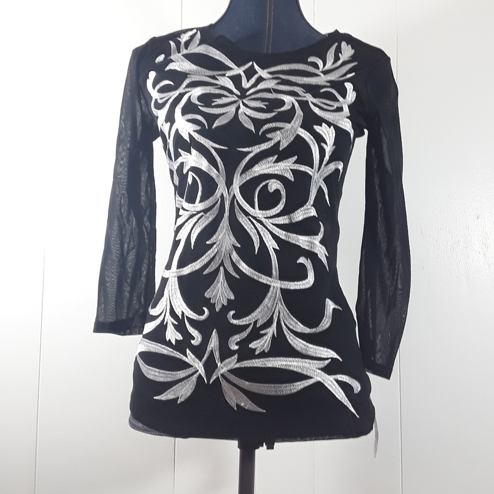 Nwt INC 3/4 sleeve black embroidered medium shirt